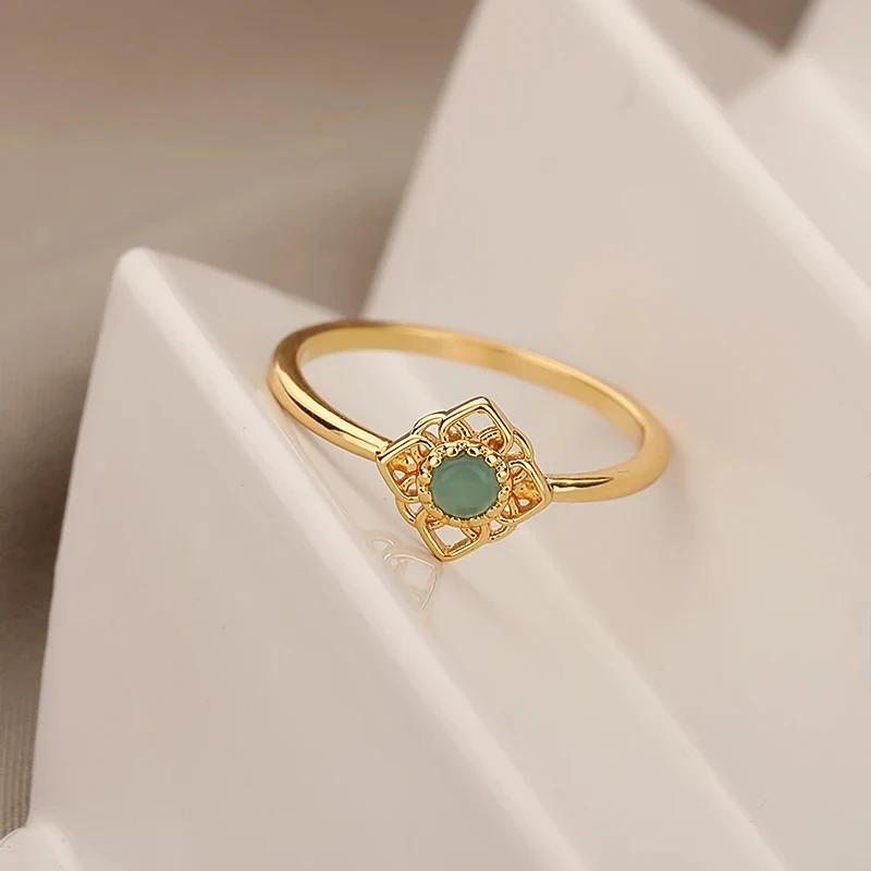 Lotus Flower Rings for Women Gold Color Stainless Steel Opal Natural Stone Ring Vintage Boho Wedding Engagement Jewelry Gift
