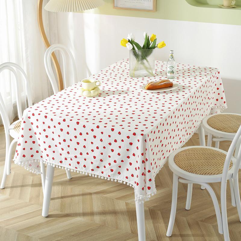 Small Fresh Cotton Printed Strawberry Lotus Leaf Edge Fungus Edge White Ball Coffee Table Tablecloth Dining Table Cloth Outdoor Picnic Decoration