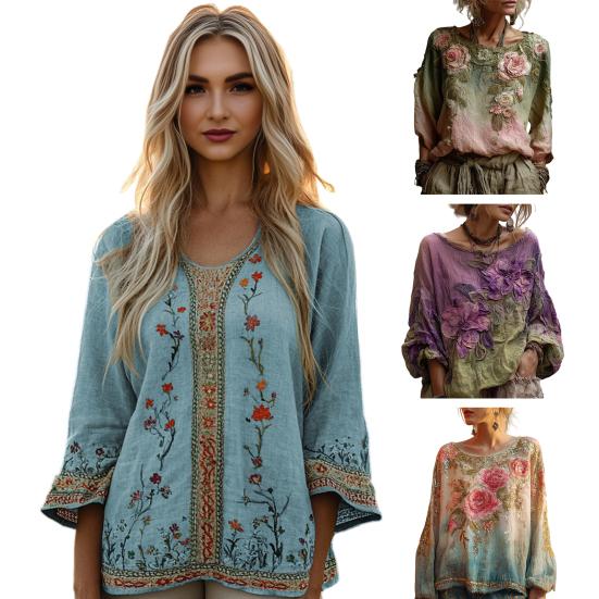 Damen Pullover Rundhals Langarm Lockerer Schnitt Pullover 3D Blumenmuster