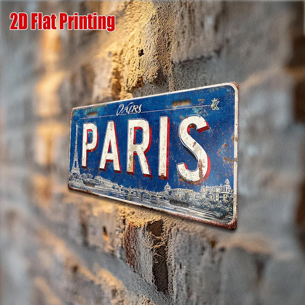 Paris Metal License Plate - Vintage French Cityscape Design, Blue Background - Heavy-Duty Aluminum Wall Decor