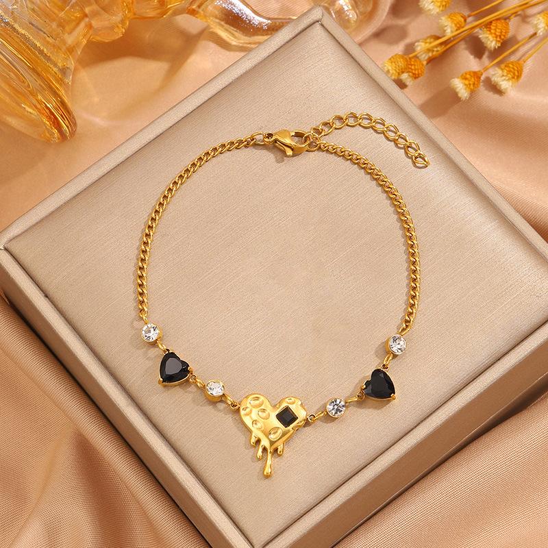 Titanium Steel Necklace, Bracelet, Earrings, Ring, Luxury-style Set with Sparkling Diamonds, Heart-shaped Design