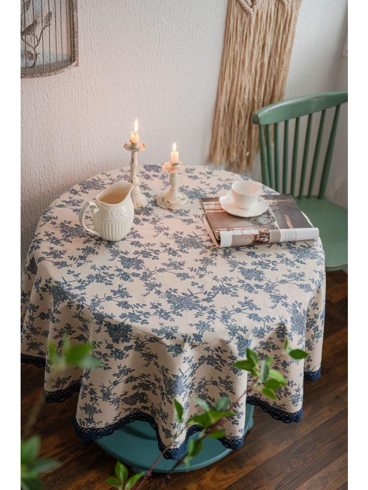 Tablecloth Blue Rose Print Dining Table Cloth Round Fabric Retro Small Round Table Suitable for Holiday Dining Rooms,  Picnics, Outdoor Camping