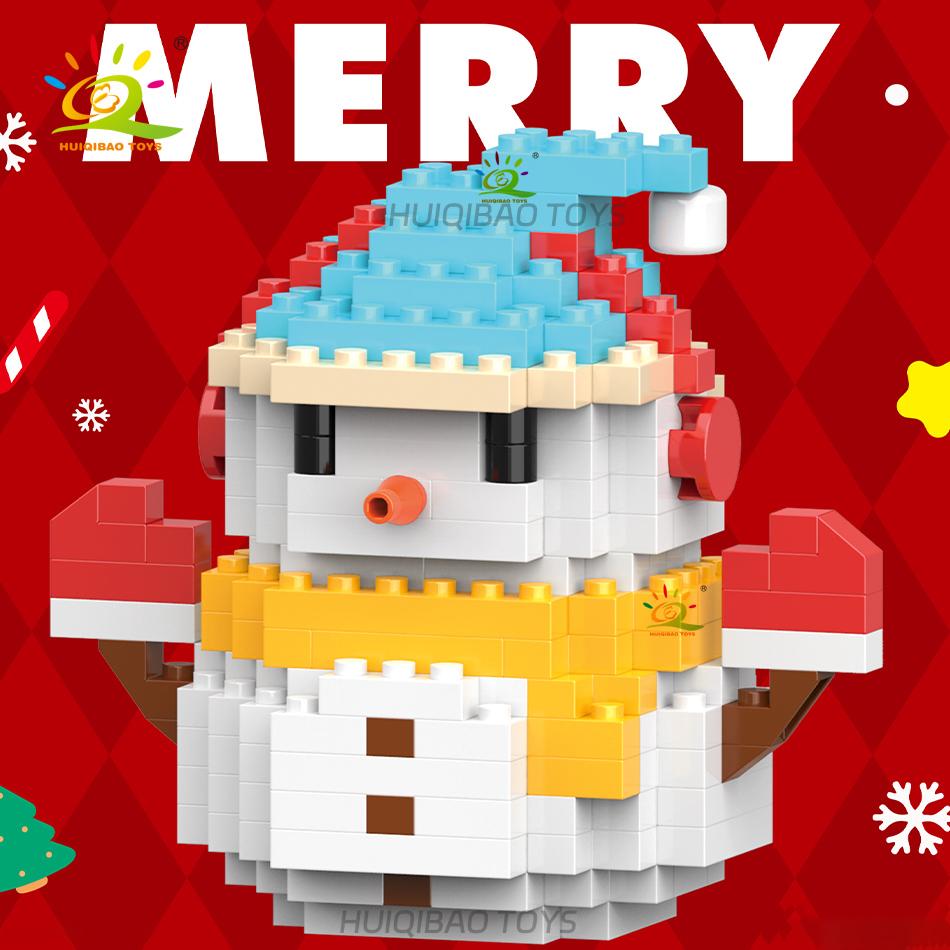 HUIQIBAO Mini Christmas Tree Santa Claus Children Train Model Micro Bricks Building Block Snowman Elk Bricks Toys New Year Gift