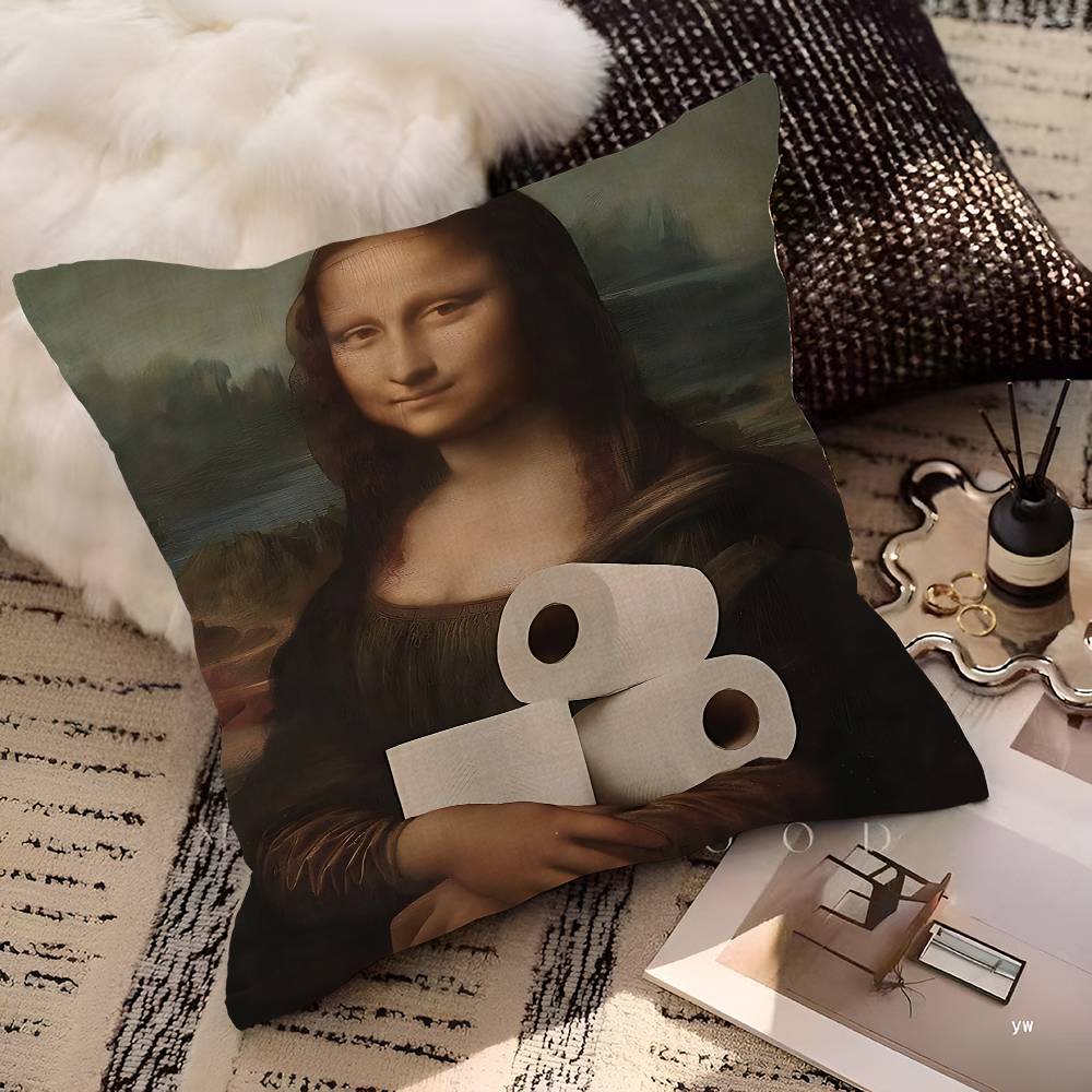 Funny Mona Lisa Wearing Pearls Girl Cushion Cover Pillowcase Upholstery Sofa Throw Pillow Home Decor Pillowcas