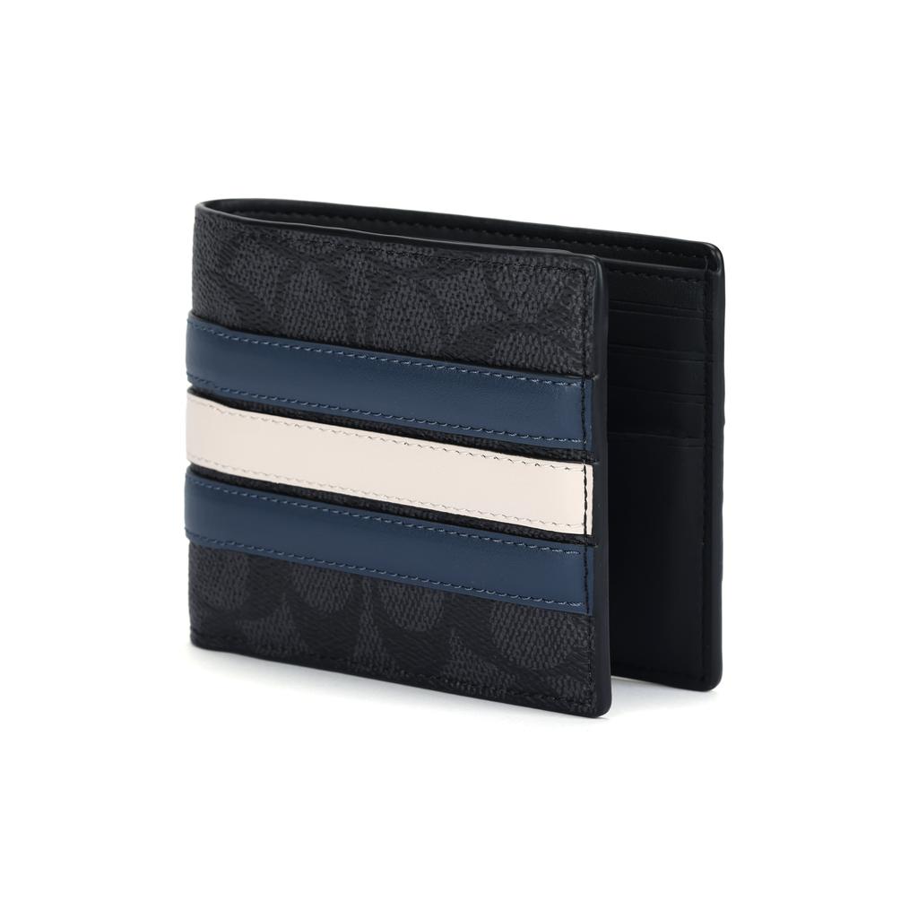 Coach Portafoglio 3 in 1 12 Dettaglio Striscia Monogramma Classico Pelle Sintetica e Pelle Scamosciata Portafoglio da Uomo Grigio Carbone Blu Denim CW385-WTC