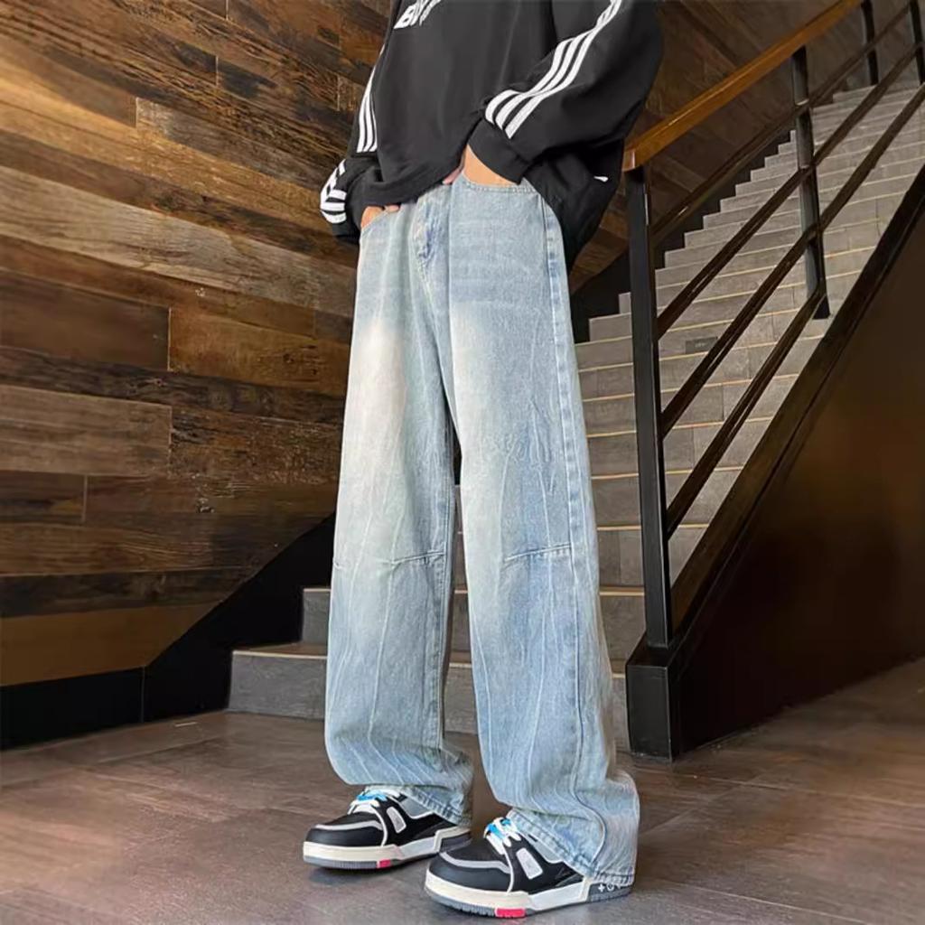 Retro blue jeans men's autumn new American high street vibe straight micro-pull pants trendy brand ruffian handsome fried street pants