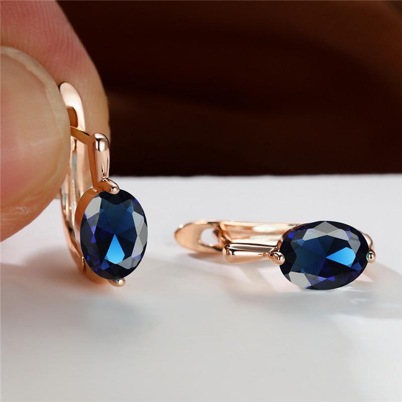 Oval Royal Blue Green White Red Stone Hoop Earrings For Women Champagne Gold Color Wedding Ear Buckle MOM Birthday Party Jewelry