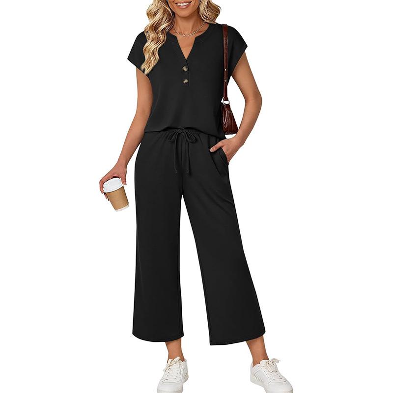 

Women s Short-Sleeve Button-Up Top and Elastic Waist Pocket Pants Set Medium