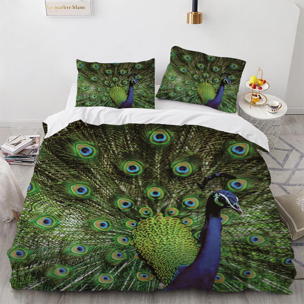 Juego de Funda Nórdica de Pavo Real Microfibra Preciosa Pluma Azul Funda de Edredón Flor Rosa Suave 2/3 Piezas Aves Tema Animal Funda de Edredón