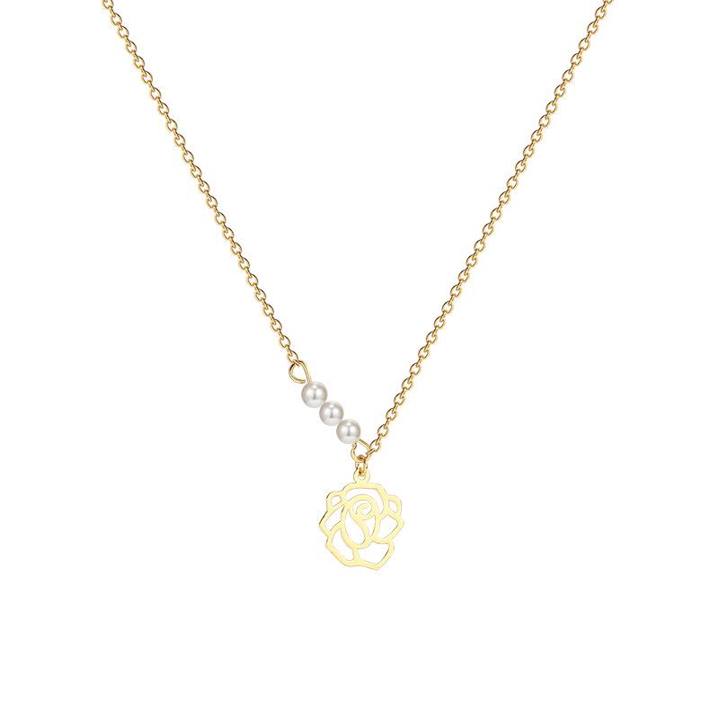 French Pearl Camellia Necklace Female Design Titanium Steel Clavicle Chain Cold Wind Accessories