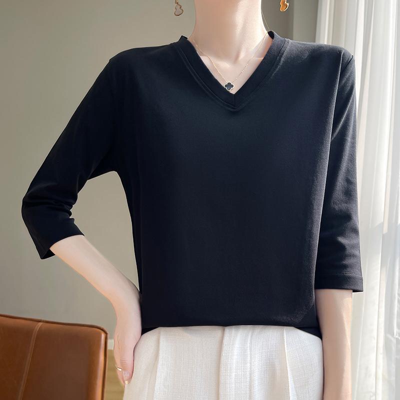 Spring And Summer White Mercerized Cotton Cropped Sleeve T-shirt Feminine Joker 100% Cotton Bottoming Shirt Half Sleeve