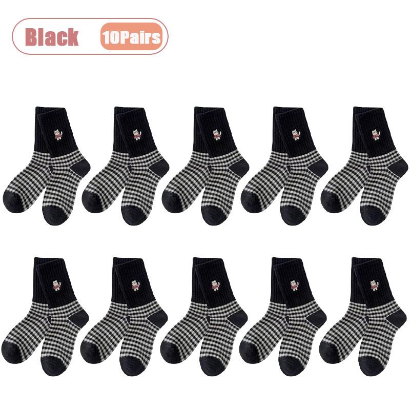 1-10Pairs Vintage Black White Plaid Mid Calf Socks for Women Autumn Winter Cute Cat Cartoon Design Cotton Long Socks