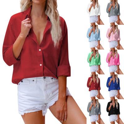 Women's Cotton Linen Shirt Long Sleeve Lapel Button Solid Color Shirt
