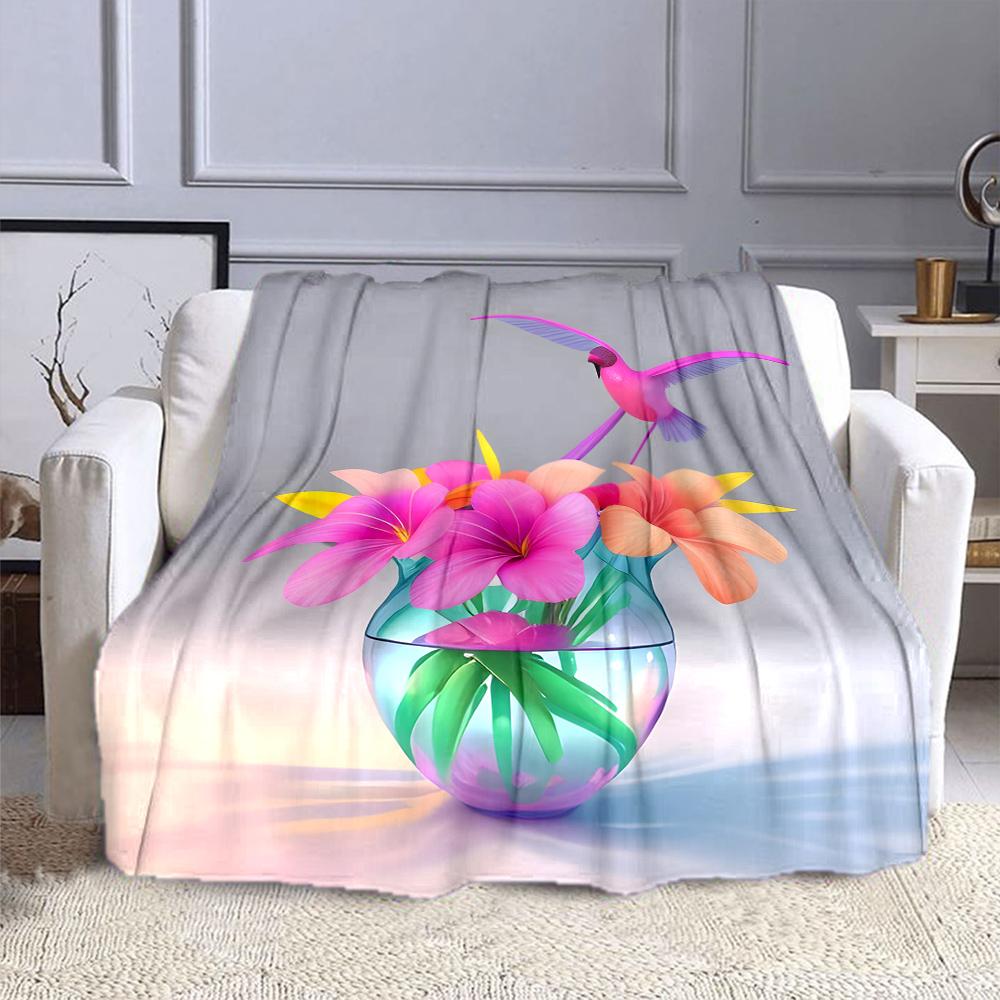 Colorful Flowers and Hummingbird Design Patterned flannel blanket perfect for the bedroom living room, sofa, or a little nap