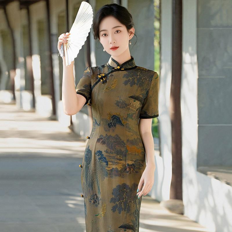 Elegant Vintage-Inspired Long Cheongsam Dress Women Stand Collar Three-Quarter Sleeve With Brocade Jacquard Fabric