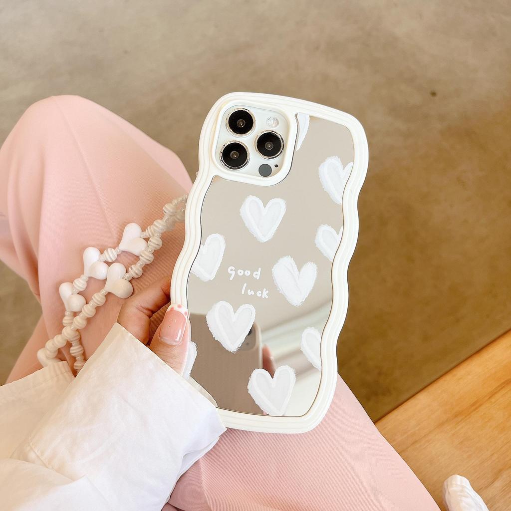 Custodia per iPhone 16/13 Pro Max con bordo ondulato e cuore bianco, anti-caduta, staccabile X/XS