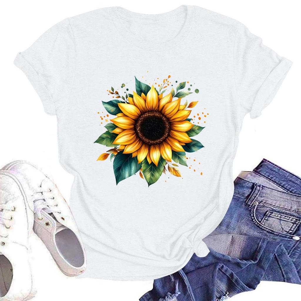Dam Rundhalsad Casual T-shirt Topp med Blommigt Tryck och Korta Ärmar