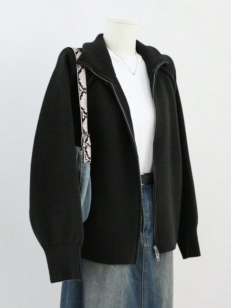 Solid Stand Collar Zip Knitted Cardigan Top Sweater Jacket
