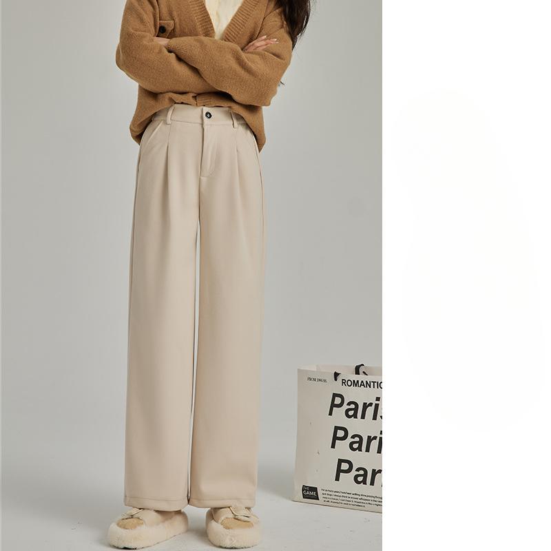 Women's Wool Pants with Velvet Pants In Autumn and Winter High-waisted Retro Casual Straight-leg Pants To Make Them Look Slimming and Wide-leg Pants