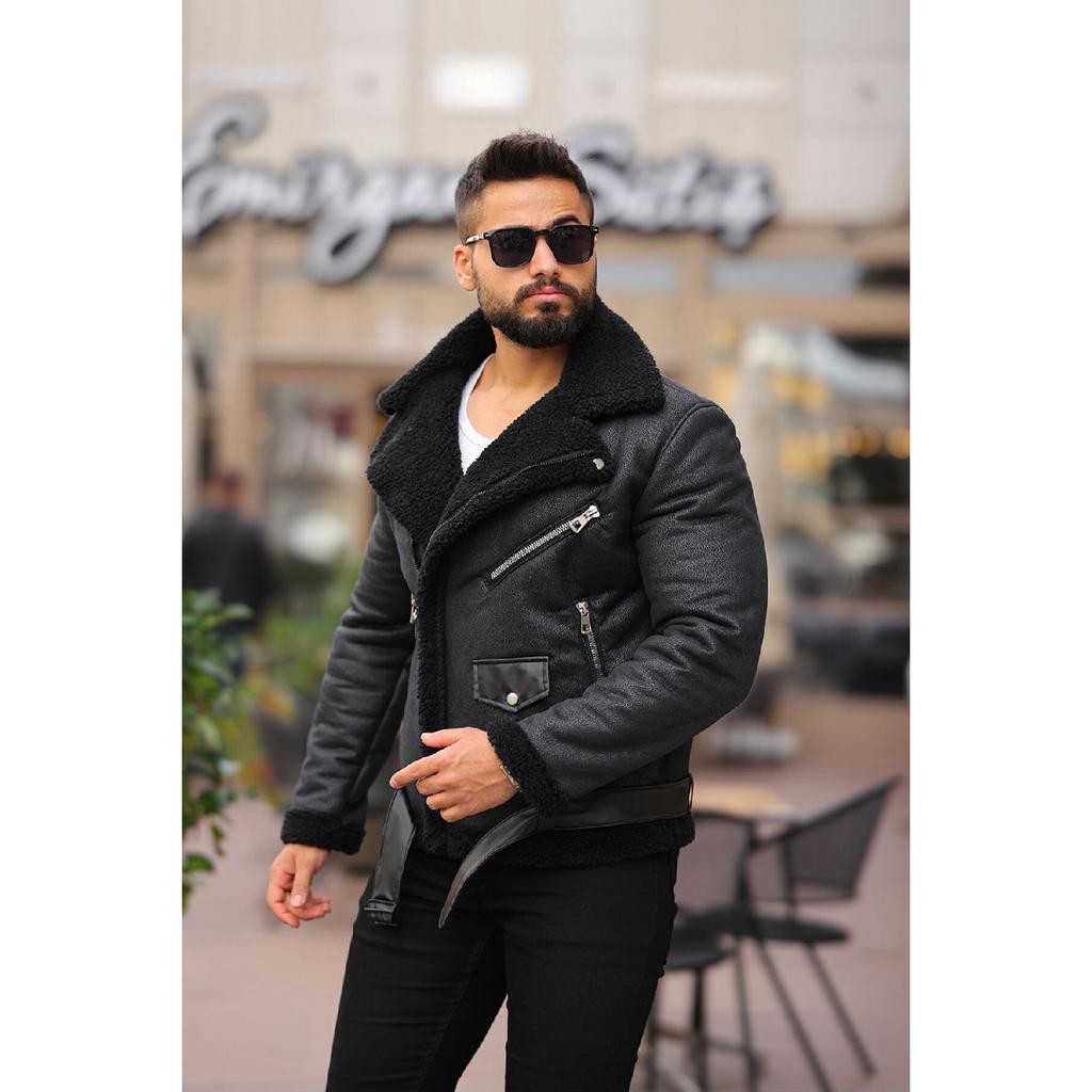 Laminated Leather Double-breasted Coat With Complete Fur Inside