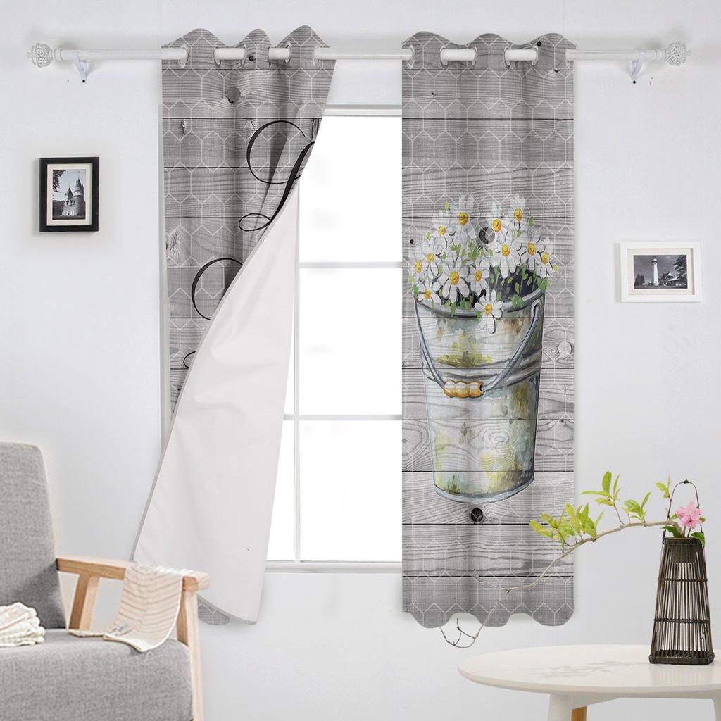 Vintage Wood Grain Flower Daisy Window Curtains Home Decor Bedroom Curtains Kitchen Drapes Panel Curtains for Living Room