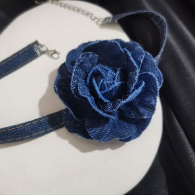 Big Flower Chokers Necklace Vintage Flower Necklace Neck Chain Blue Wide Denim Neckband Statement Jewelry for Womens