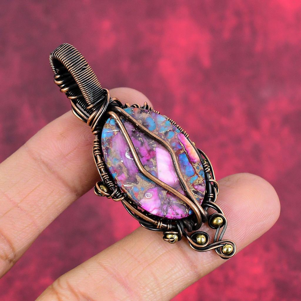 Tree of Life Natural Kingman Pink Dahlia Turquoise Pendant Copper Wire Wrapped Gemstone Pendant Handmade Moonstone Jewelry Gifts for Mother