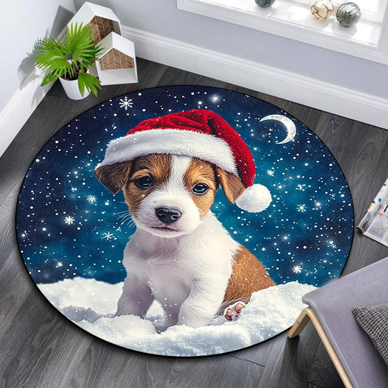 Christmas Puppy Round Area Rug,Carpet Rug for Living Room Bedroom Sofa Playroom Decor,Non-slip Floor Mat