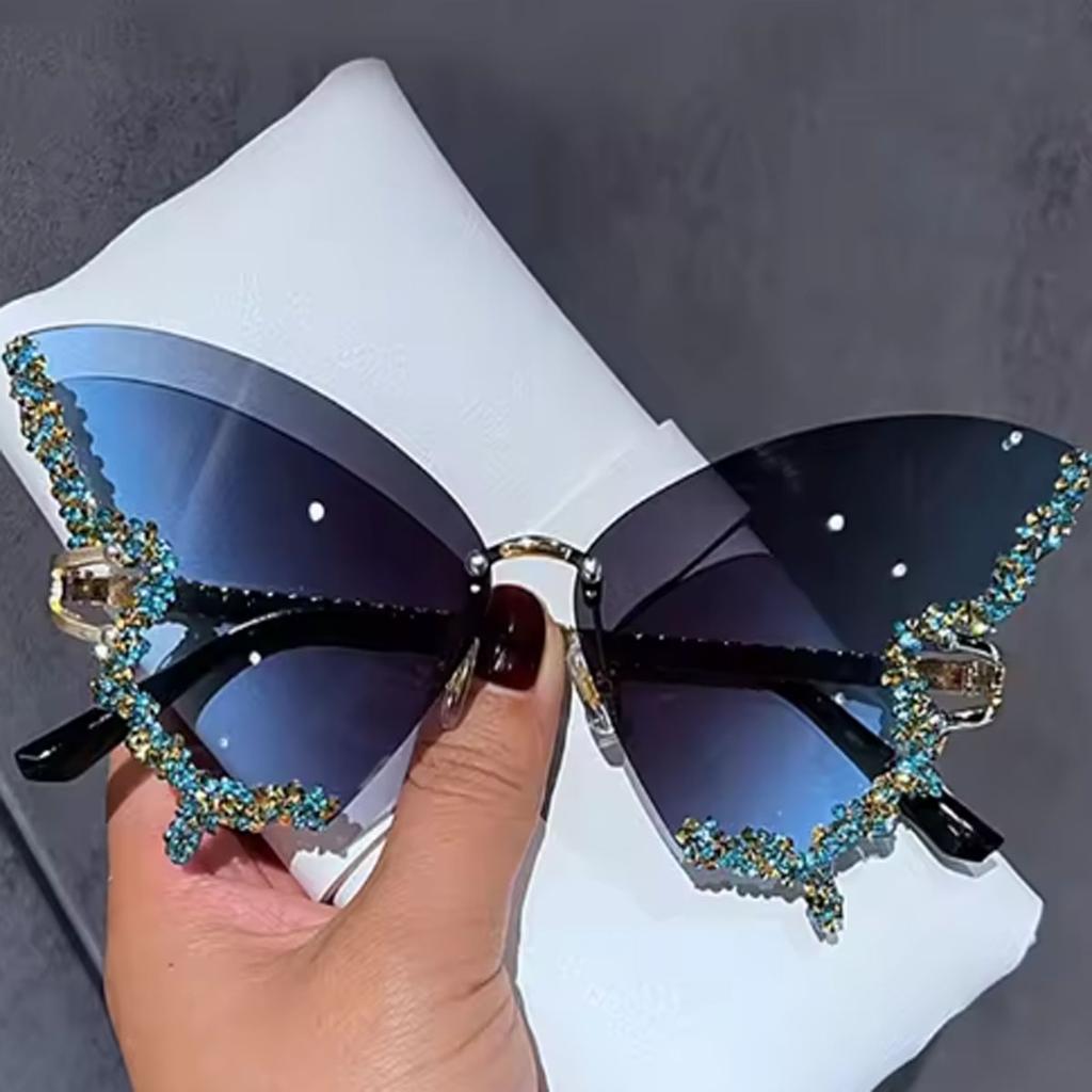 1pc-Luxury Diamond Butterfly Sunglasses for Women, Retro Frameless Oversized Sunglasses for Women