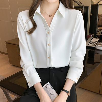 Mode Manches Longues Uni Bureau Ample Décontracté Chemise Femmes Hauts Tempérament Élégant Col Rabattu Blouses pour Femmes Slim Simple Élégant Chemise 26068