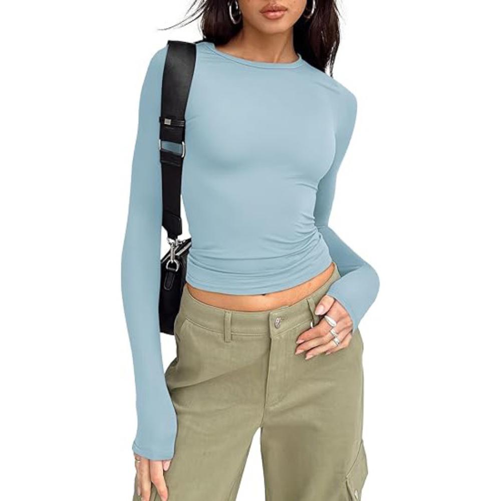 Women's Top for Spring and Autumn Base, Women's High-end Round Neck Long Sleeved Pullover, Slim Fit Milk Silk T-shirt