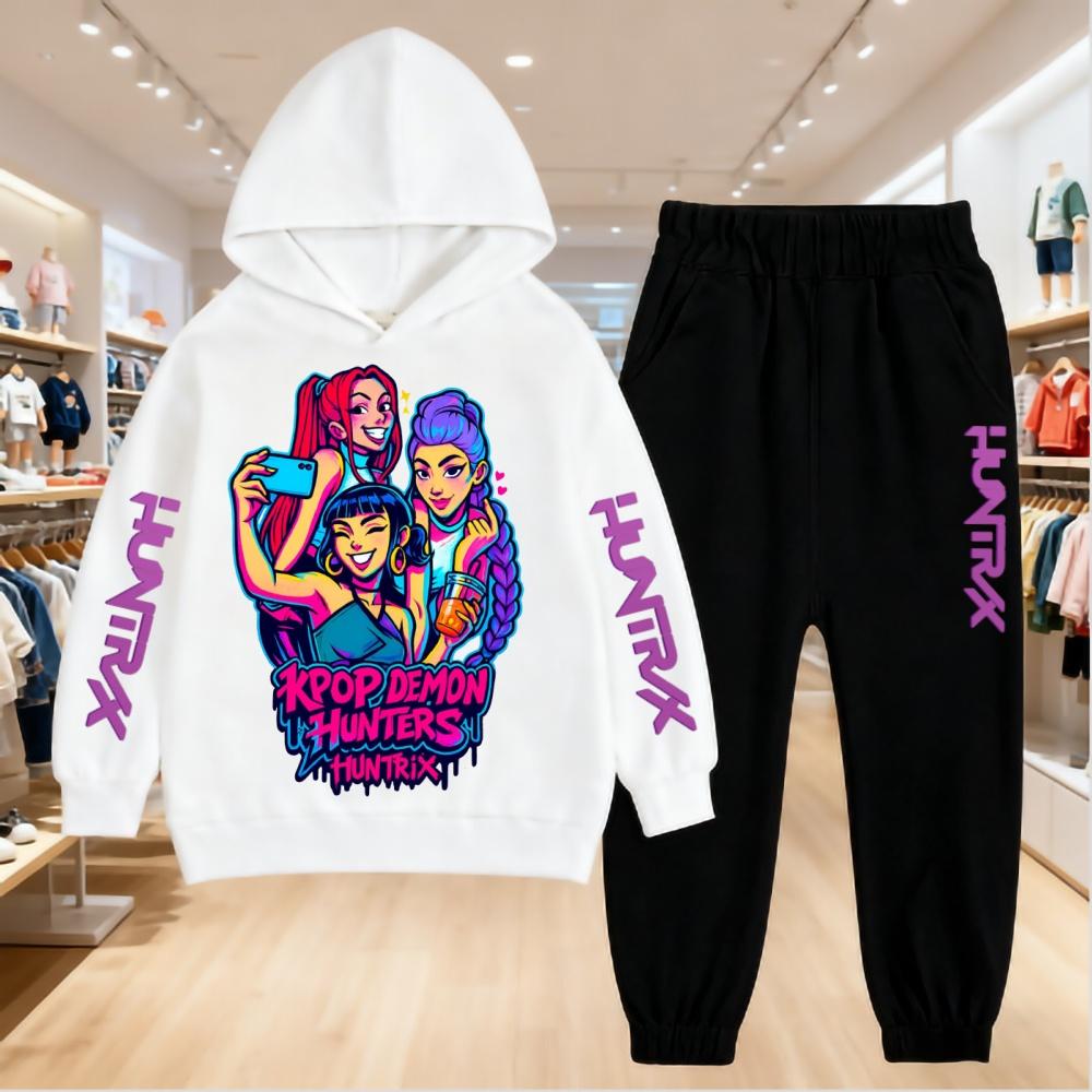 

K-pop Толстовки с принтом «Охотники на демонов» Детская одежда Детская толстовка+брюки Подходит для 5-14 лет Мальчики Девочки Розовый Черный Комплект Свитшот 150