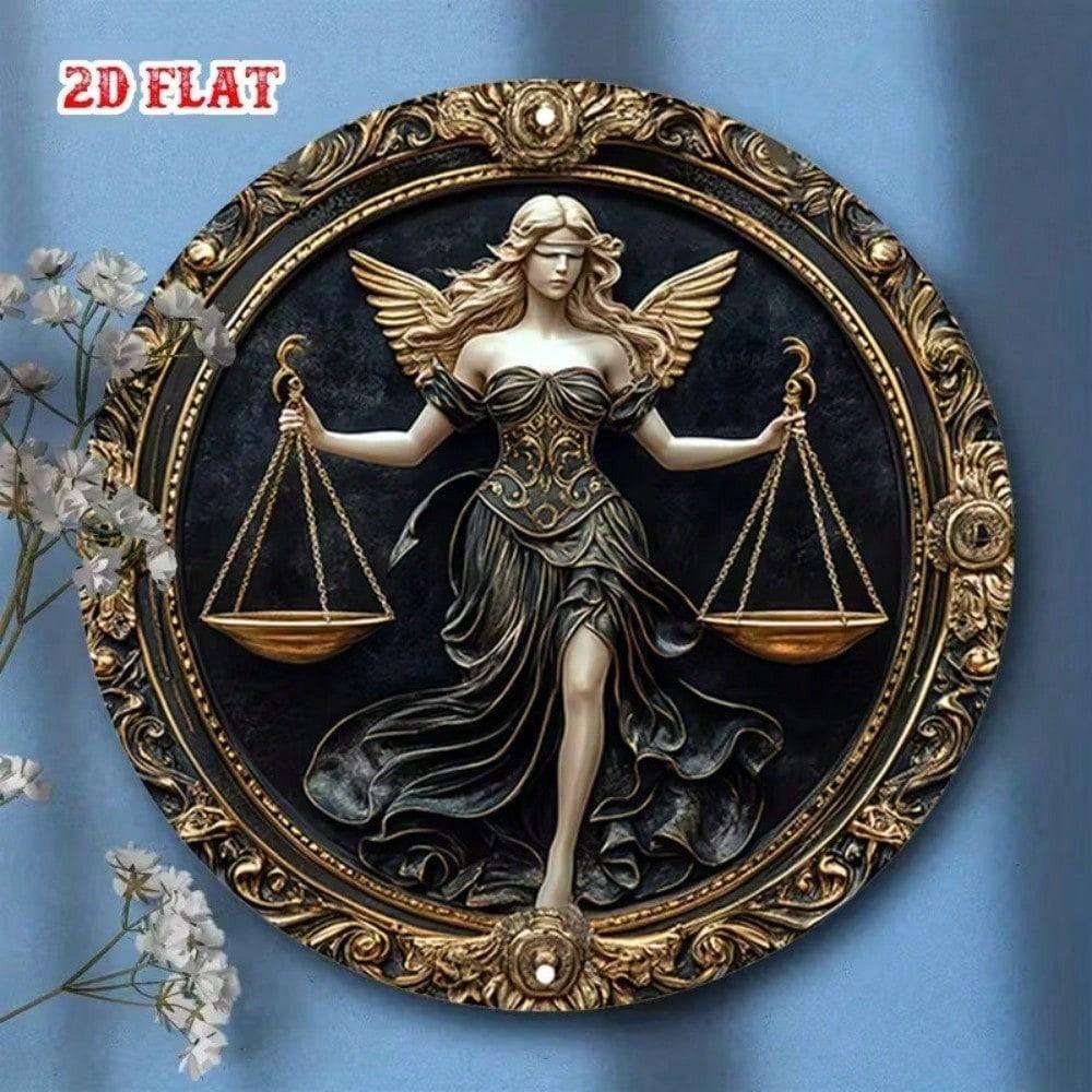 Metal Poster Lady Justice Golden Scales Wall Art Office Decor 20x20 Cm