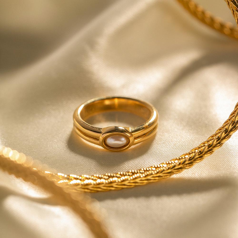 18k Gold Double-Layer Pearl Ring - Stylish European/American Design, Durable Stainless Steel