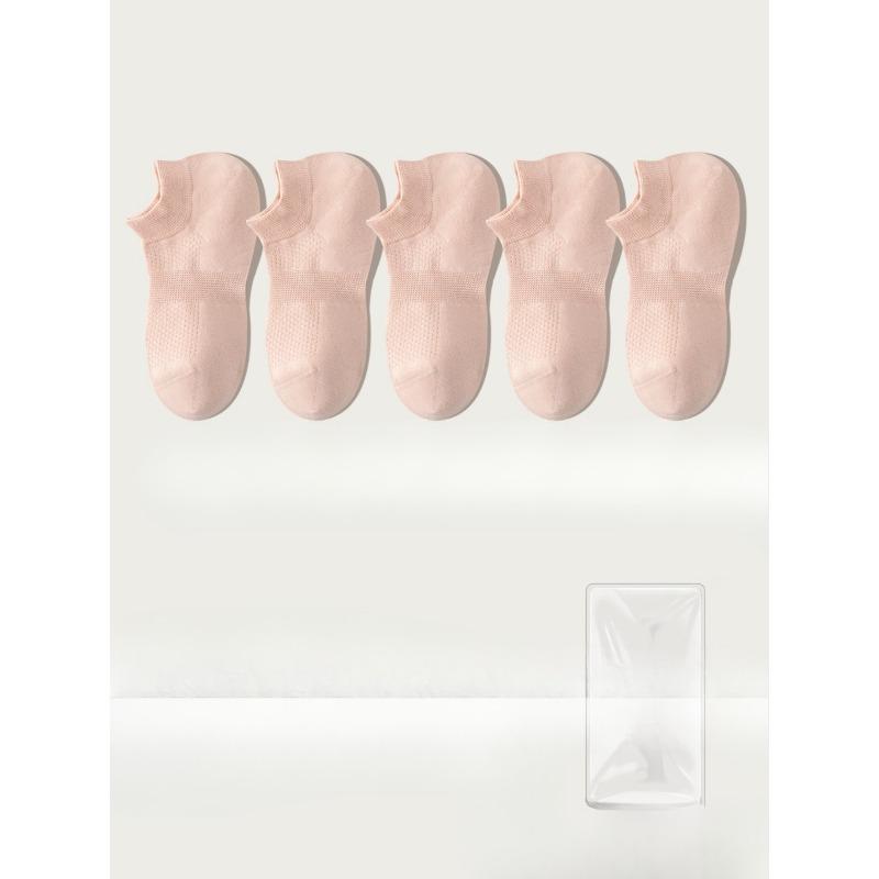 5 Pairs of Women's Summer Thin Style Versatile Solid Color Mesh Breathable 7A Antibacterial Deodorant Boat Socks