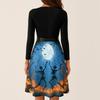 Women's Retro Halloween Print V-Neck Long Sleeve Dress for Casual Everyday Wear