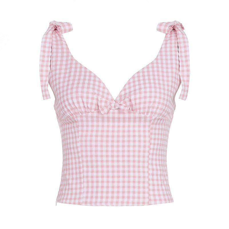 Свежий и Сладкий Стиль Клетчатая Приталенная Майка, Новый Весенний Дофаминовый Дизайн с Глубоким V-образным Вырезом Майка на Завязках Pink S