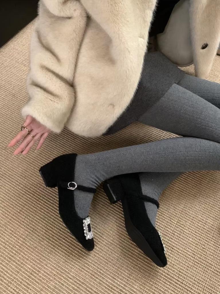 grey rhinestone thick heel Mary Jane shoes for women's winter wear new Korean version of square head woolen single shoes with velvet thermal 