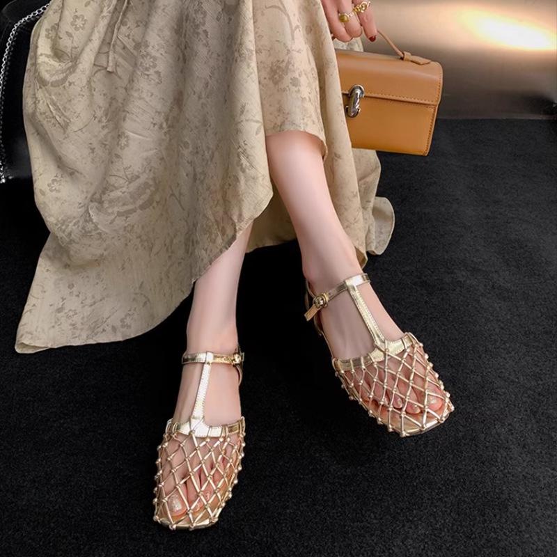Spot French Retro Gold Hollow Mesh Silver Beautiful Bag Head Sandals Female Summer Fairy Shoes Empty Single Shoes