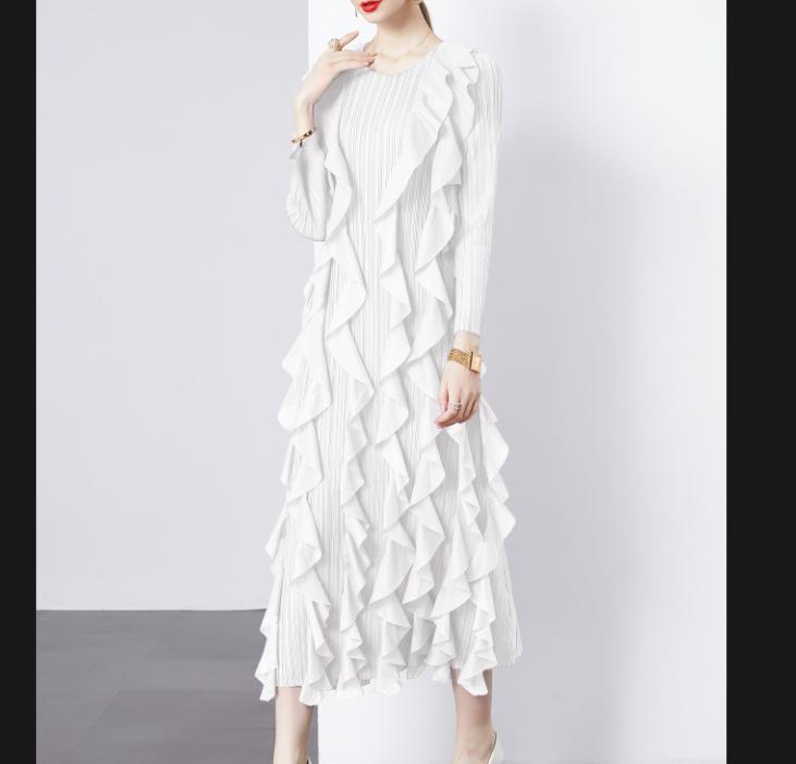 Miyake 2024 Spring Lotus Leaf Pleated Dress - Women's Layered Three-Quarter Sleeve, Round Neck, Plus Size