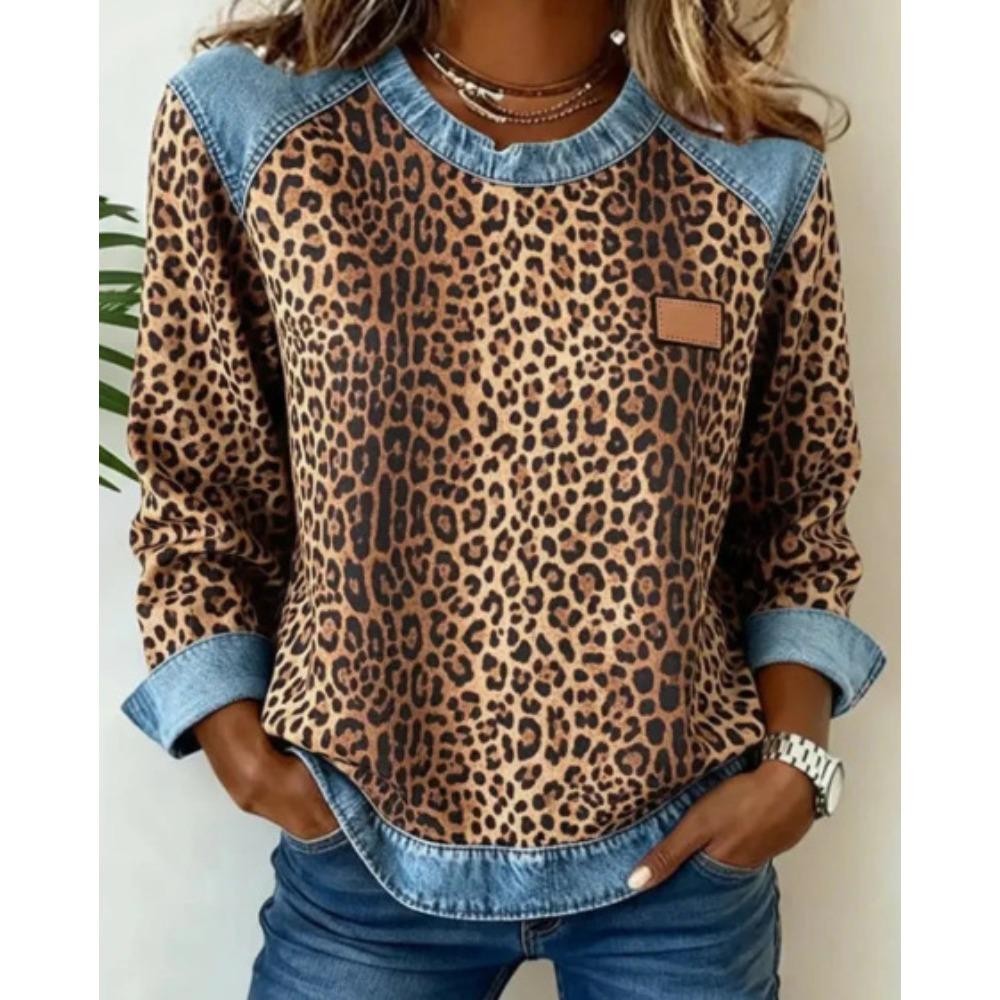 Damen karierter Patchwork-Kapuzenpullover aus Kunstdenim, Rundhals lockeres lässiges Sweatshirt, Mode bequemes Streetwear-Oberteil