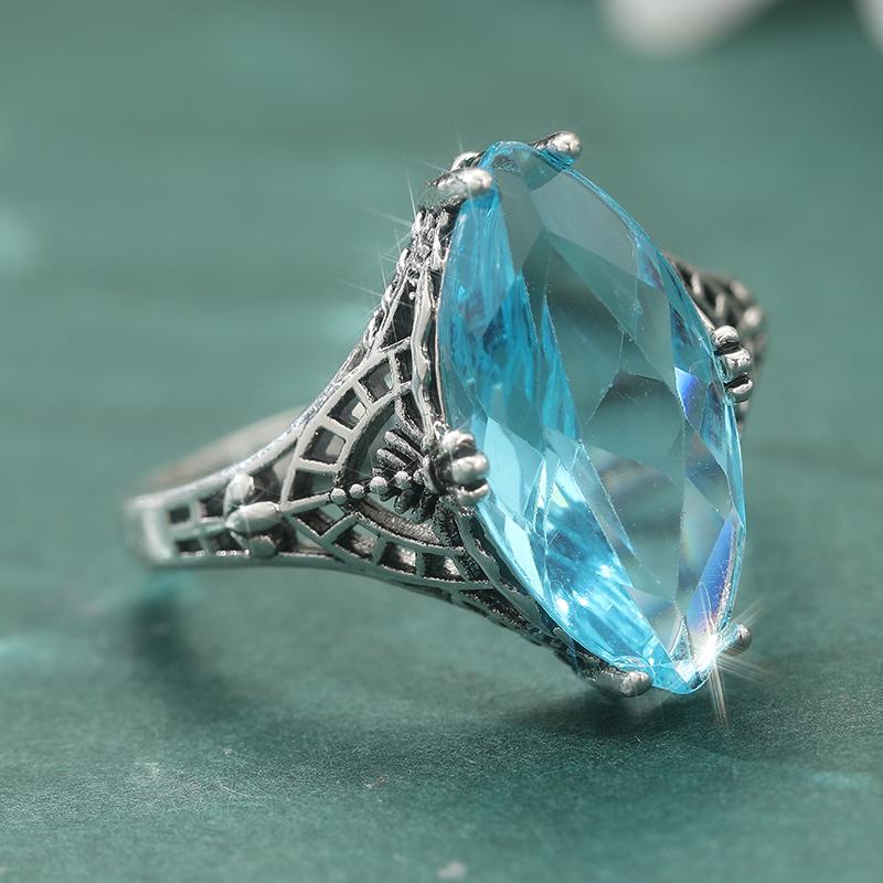 Elegant Inlaid Sea Blue CZ Women's Ring Aesthetic CopperColor Geometry Daily Wear Party Jewelry Anniversary Gift
