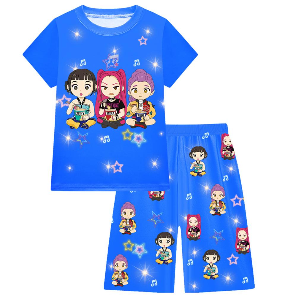 KPOP Mädchen T-Shirt und Hosen Set, Demon Slayer Cartoon, Zweiteiliges Kurzarm- und Shorts-Set für große Kinder