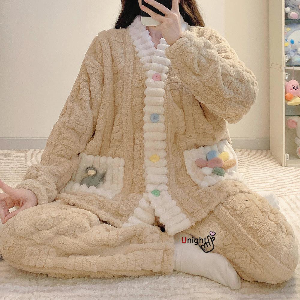 

Women Warm Pajamas Sets Winter Thick Winter Coral Fleece Sleepwear Flannel Plus Size Pyjamas Night Wear Home Clothes M