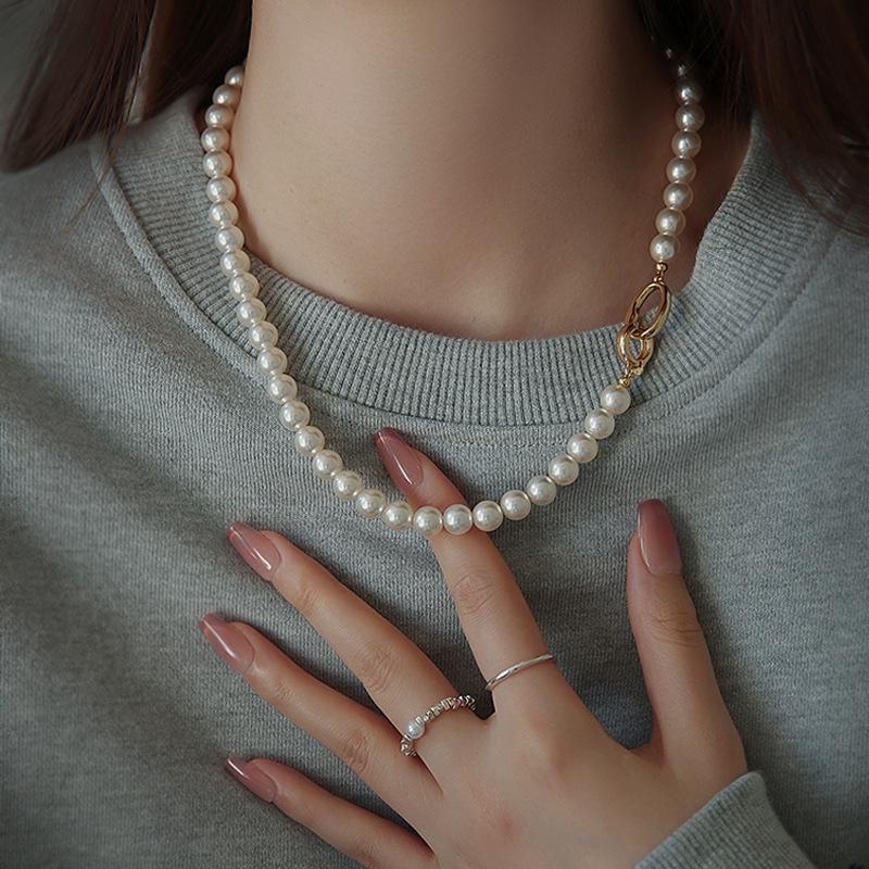 Silver Gray Pearl Necklace with Copper Buckle - 2024 Women's Sweater Chain, High-Grade Beaded Clavicle Chain