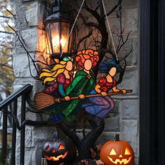 Halloweenský Suncatcher Čarodějnice 3 Čarodějnice Létající na Koštěti Vitrážový Suncatcher Akrylová Závěsná Dekorace na Okno pro Dveře Nástěnná Dekorace