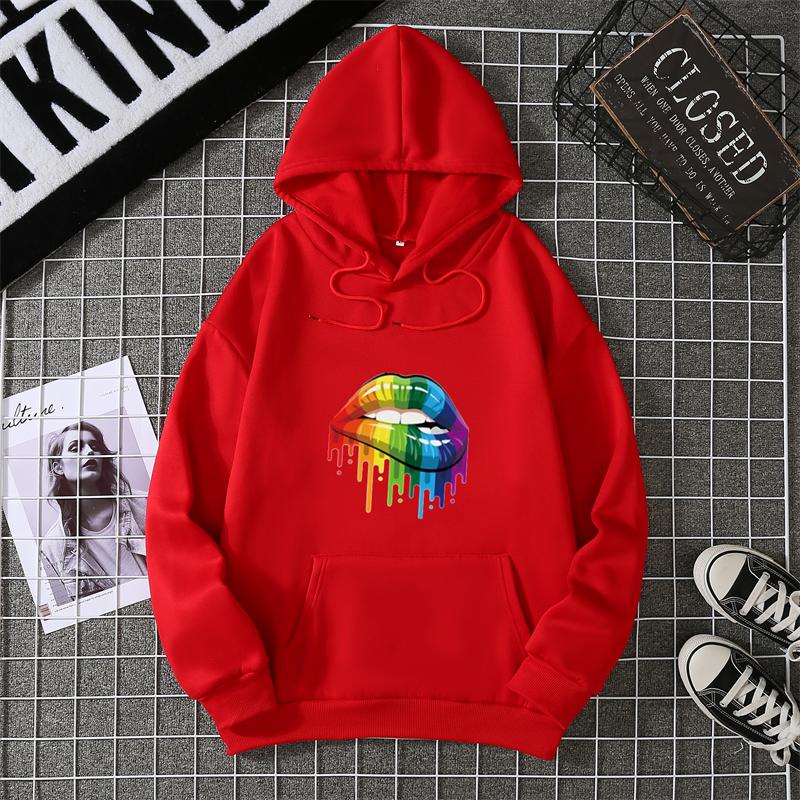 Fashion Women's Colorful Lips Print Hoodie Women's Outdoor Street Hooded Pocket Hoodie Women's Sweatshirt Women's Clothes