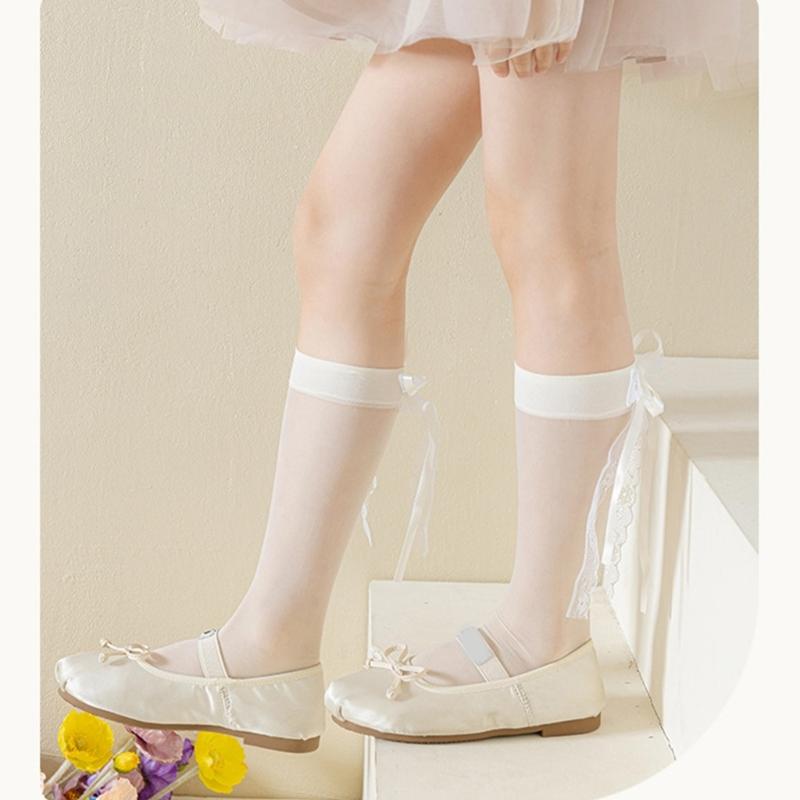Soft & Breathable Girls Under Knee Length Socks Lovely Bowknot Accent Middle Tube Socks Stockings Enjoy Sweet Charm
