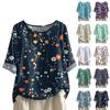 Women's Fashionable And Casual Shirt Half-sleeve Round Neck Print Cotton And Linen Blouse Top