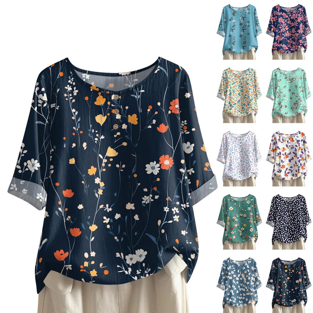 Camicia alla moda e casual da donna a maniche corte con scollo rotondo e stampa, blusa top in cotone e lino